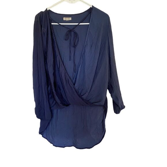 Silence + Noise Blue faux wrap cut really low high low hem long sleeve medium - Picture 1 of 6